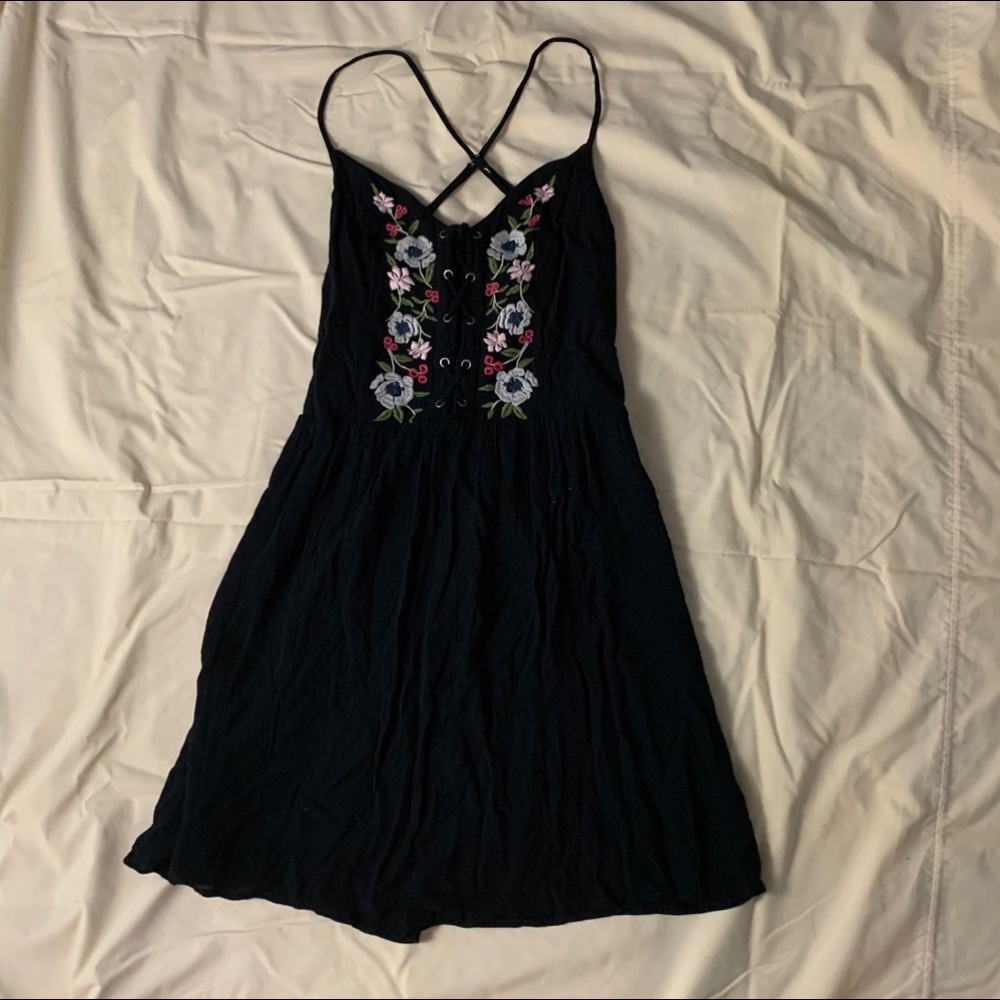 floral embroidered black mini dress